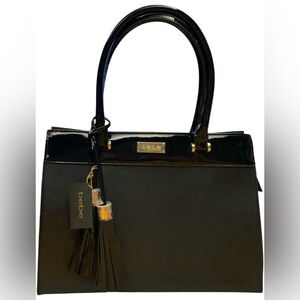 NWT, Bebe Black Leather Raven Satchel Tote